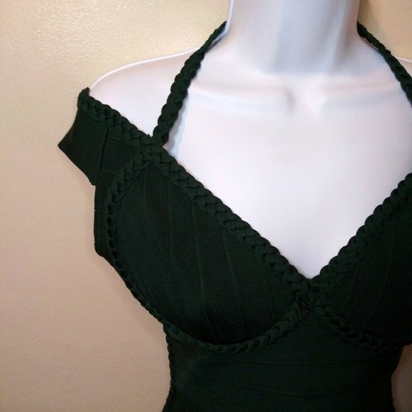 AKIRA Sexy Body-Con Dark Green Halter Necked, Off Shoulder Bandage Dress - Picture 4 of 14